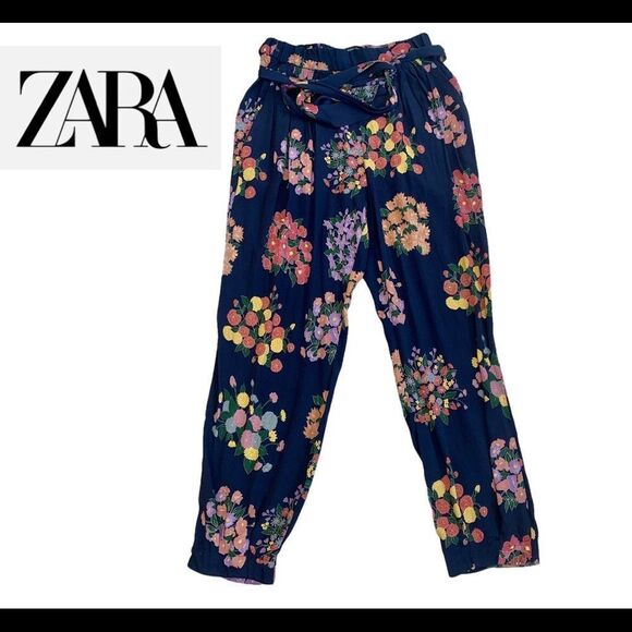 𝅺ZARA Navy blue floral flower harem trouser pants Sz S - Picture 1 of 10